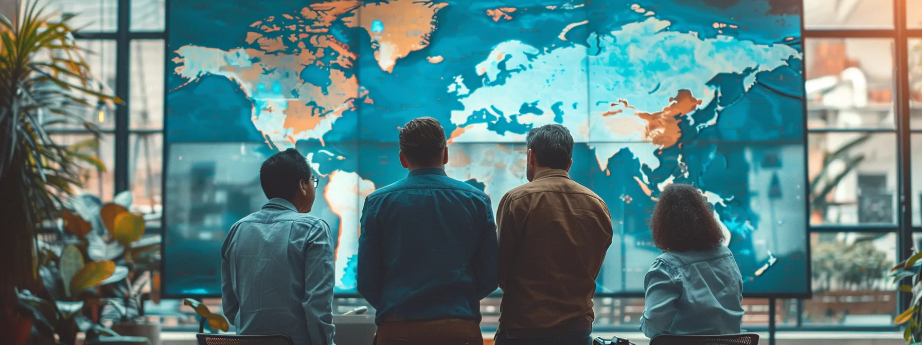 a family gathered around a large world map, discussing investments and succession planning for their global wealth legacy. a family gathered around a large world map, discussing investments and succession planning for their global wealth legacy.