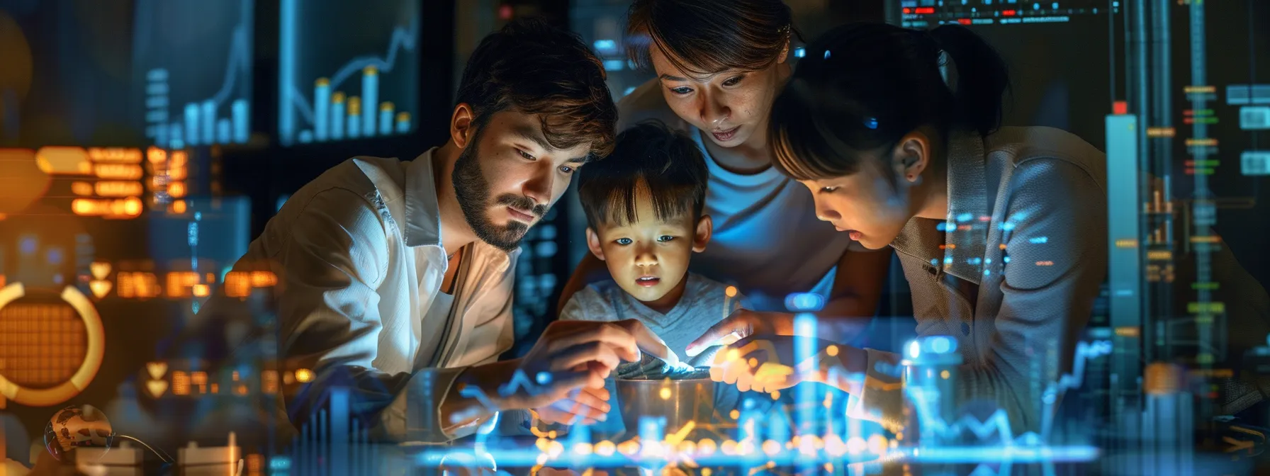 a family surrounded by high-tech gadgets, secure vaults, and financial charts, reflecting on their global portfolio and family values. a family surrounded by high-tech gadgets, secure vaults, and financial charts, reflecting on their global portfolio and family values.