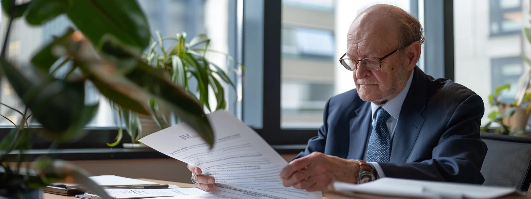 a focused arbitrator carefully reviewing detailed international trade contracts with a sense of determination in a modern office setting. Elderly man in a suit reviewing documents related to Standby Letters of Credit (SBLC) in a professional office setting, emphasizing the importance of clarity in contracts and dispute resolution through ICC arbitration.