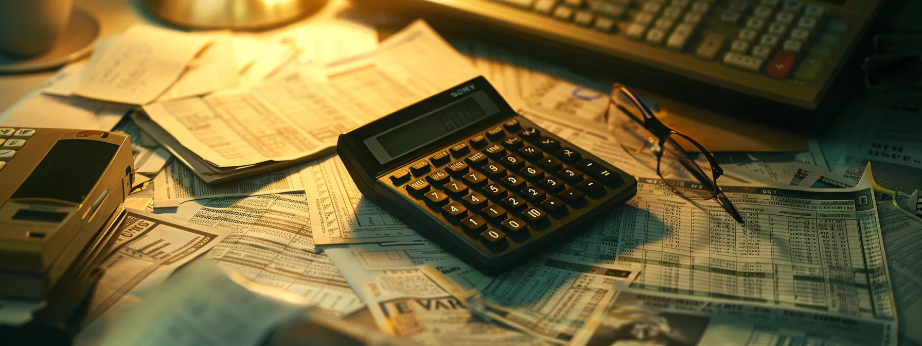 a focused close-up of a calculator surrounded by financial documents, highlighting the precision and complexity of calculating corporate income tax obligations.