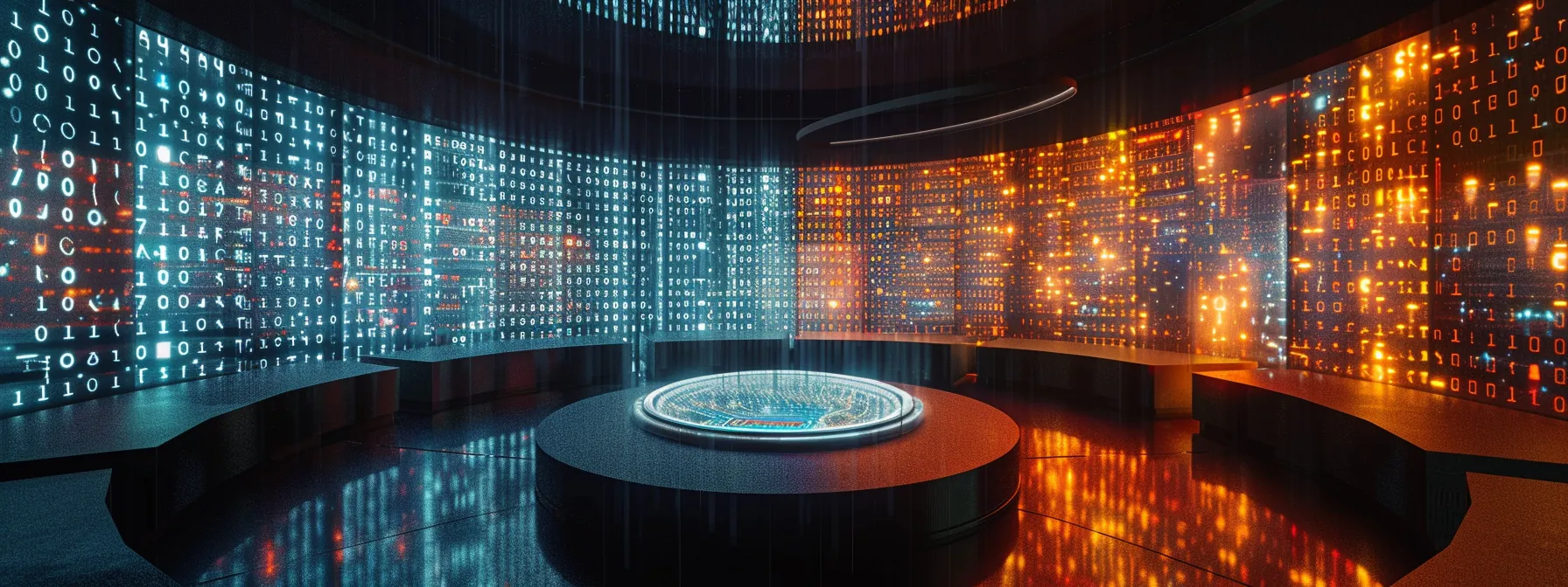 a futuristic arbitration chamber illuminated by digital signatures, showcasing the integration of blockchain technology in smart contract resolution. a futuristic arbitration chamber illuminated by digital signatures, showcasing the integration of blockchain technology