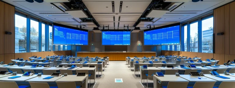 a futuristic conference room filled with digital screens displaying real-time data on smart contract disputes, while an international arbitration panel deliberates in the background.