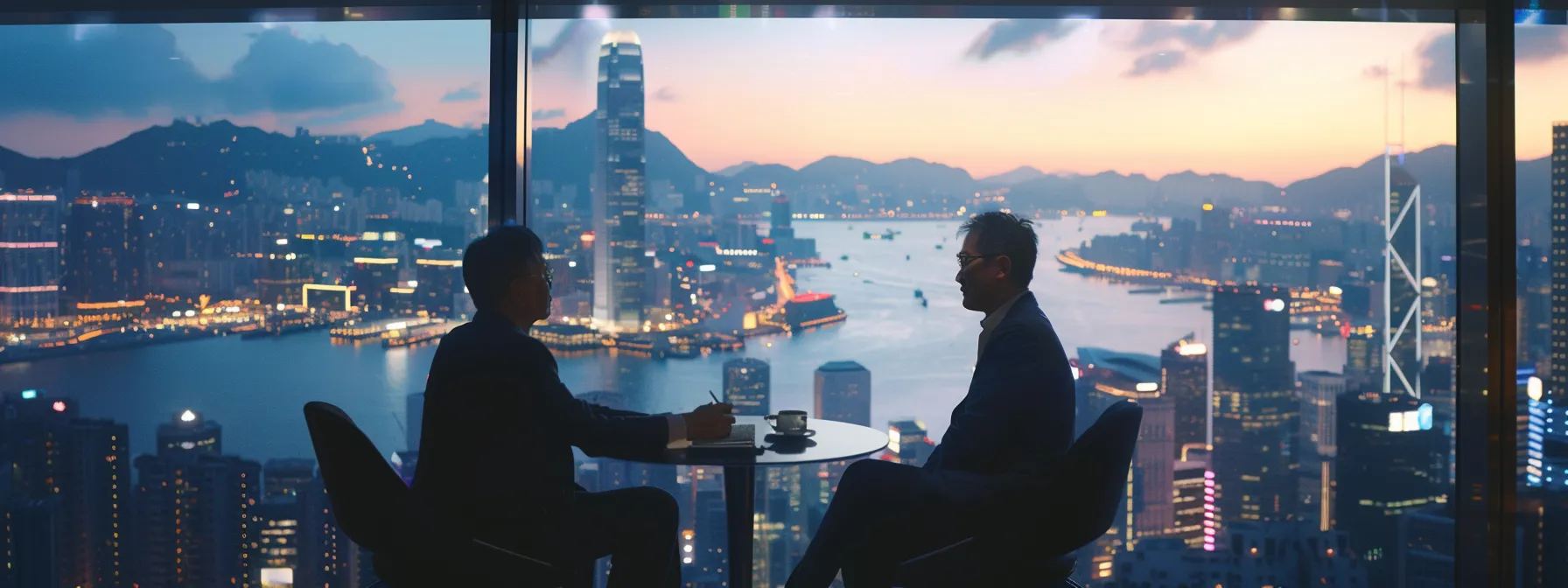 a global investor and a government official engage in a strategic discussion amidst a dynamic cityscape backdrop.