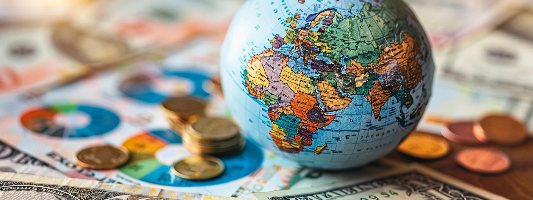 a globe surrounded by diverse currency symbols and international market graphs, representing a robust global investment strategy. a globe surrounded by diverse currency symbols and international market graphs, representing a robust global investment strategy.