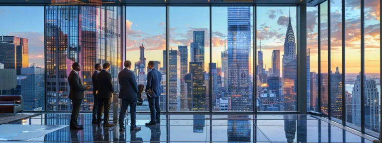 a group of business executives in suits discussing contracts and agreements in a modern, glass-walled conference room overlooking a bustling city skyline.