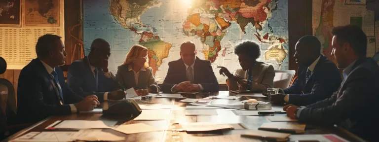 a group of diverse business professionals discussing international trade agreements over a conference table scattered with legal documents and maps.