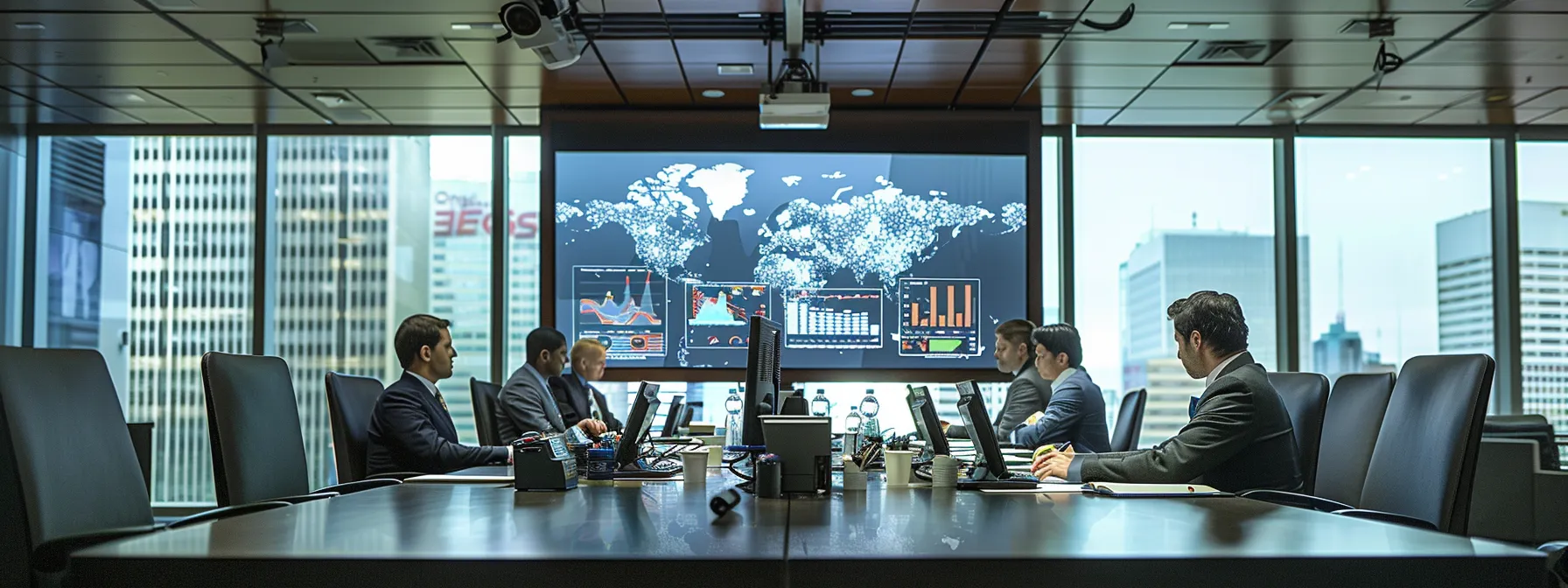a group of diversified international investors reviewing legal documents and insurance policies in a modern boardroom filled with charts and graphs. a group of diversified international investors reviewing legal documents and insurance policies in a modern boardroom filled with charts and graphs for incoming bilateral investments