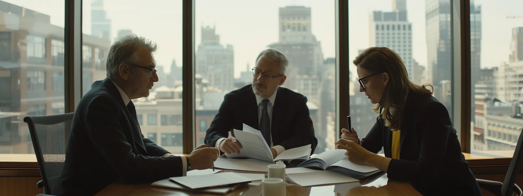 a group of seasoned attorneys reviewing documents in a modern office, specializing in international trade and mergers and acquisitions.