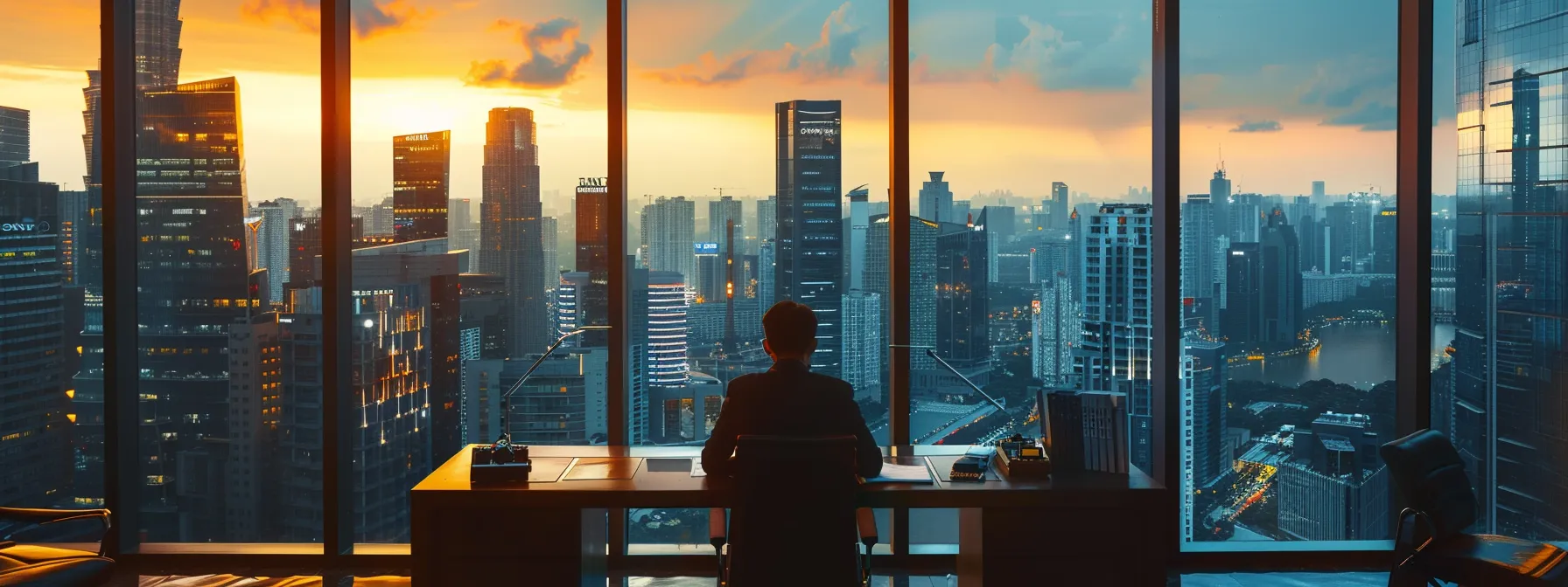 a lawyer meticulously drafting a notice of intent in a sleek, modern office overlooking a bustling city skyline.