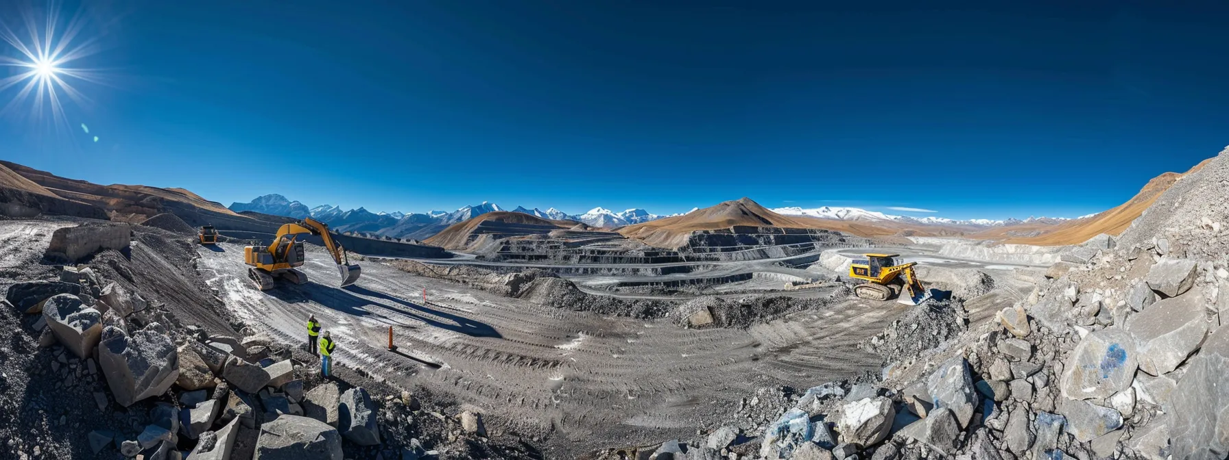 a mining site with workers obtaining permits under a clear blue sky and surrounded by heavy machinery. a mining site with workers obtaining permits under a clear blue sky and surrounded by heavy machinery.