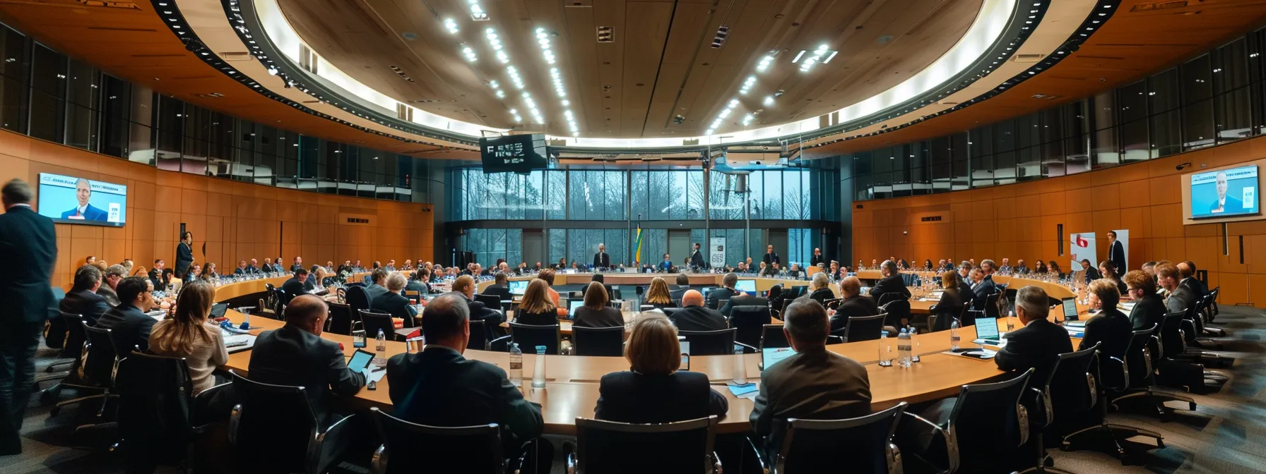 a modern meeting room with representatives from various nations discussing the advantages of the innovative cfia compared to traditional investment treaties.