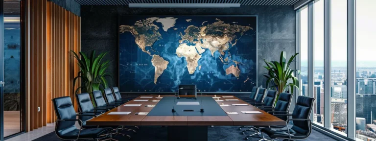 a modern, sleek conference room with a large world map on the wall, symbolizing global reach and international arbitration in a family office setting.
