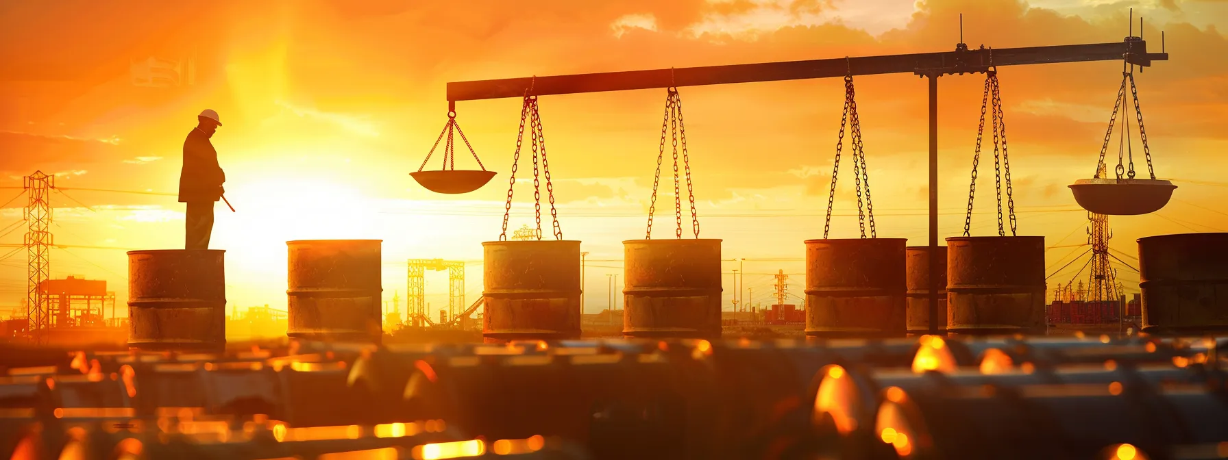 a person carefully balancing scales between iron ore and oil barrels, overseeing a fluctuating market backdrop. a person carefully balancing scales between iron ore and oil barrels, overseeing a fluctuating market backdrop.