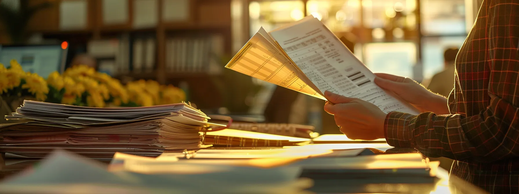a person carefully inspecting official documents and tariff classifications at a busy international customs office. Person reviewing documents at a desk, surrounded by stacks of paperwork, emphasizing the importance of understanding customs procedures and legal compliance in international trade.