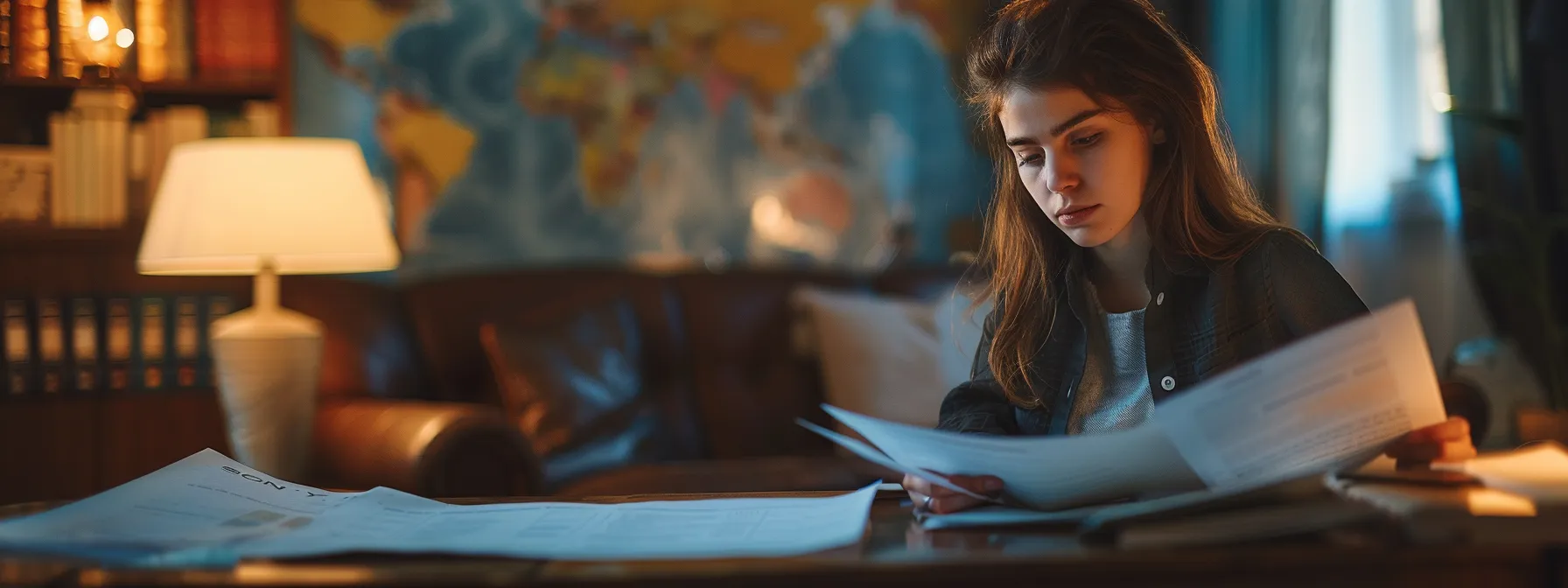 a person carefully reviewing an arbitration award with a serious expression, surrounded by legal documents and a world map in the background.