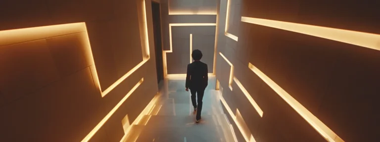 a person in a sleek suit confidently navigating a complex maze, symbolizing the icc arbitration procedural timeline.