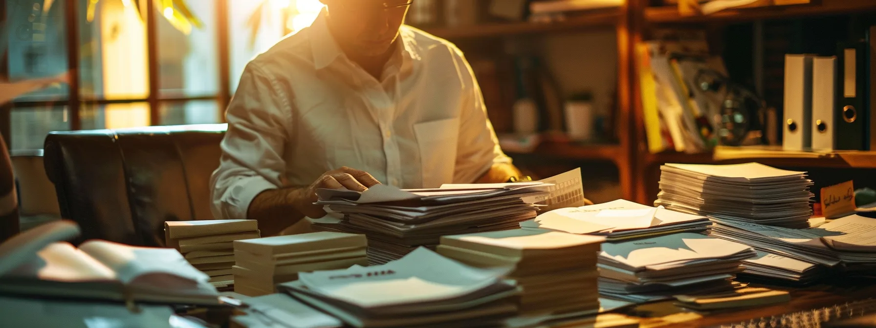 a person meticulously organizing stacks of investment records and contracts on a desk, surrounded by folders and notes in a well-lit room.