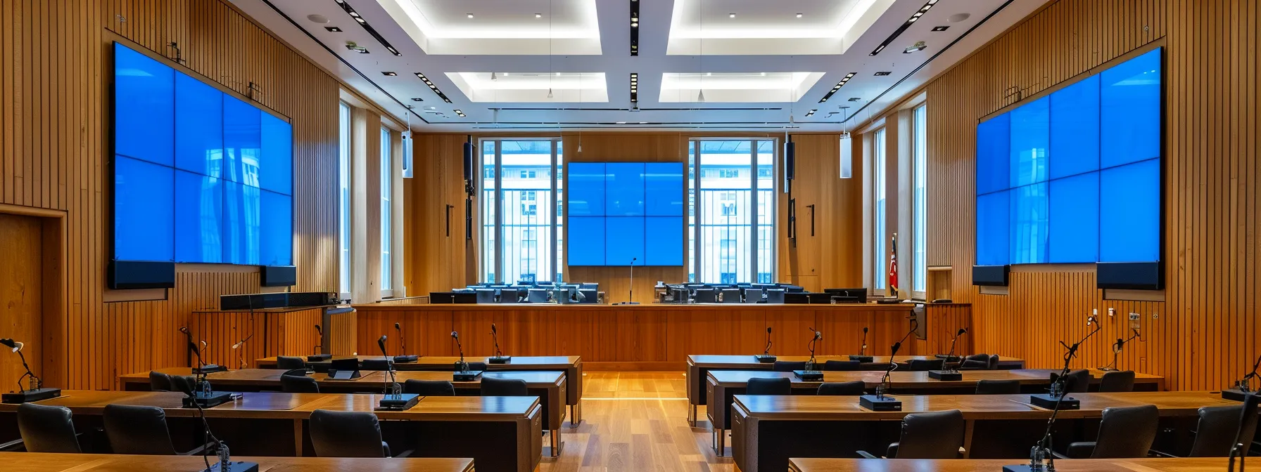 a sleek, modern courtroom in a bustling financial hub like london, with smart contracts displayed on digital screens, showcasing the intersection of technology and legal arbitration. a sleek, modern courtroom in a bustling financial hub like london, with displays on digital screens, showcasing the intersection of technology and legal arbitration.