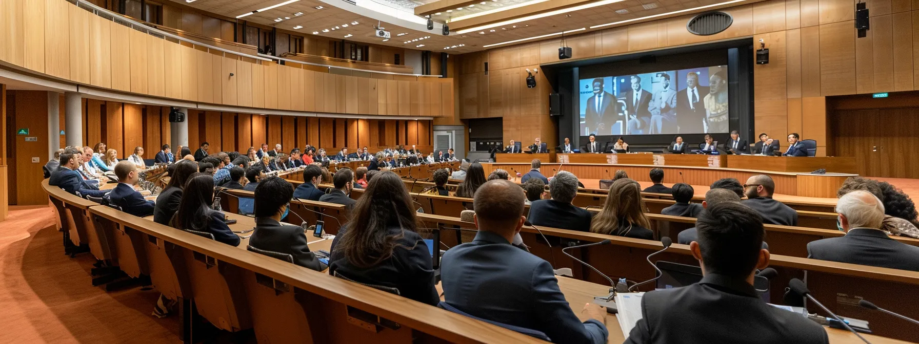 a tense courtroom scene with international trade representatives discussing sblc breaches and their consequences. Courtroom scene with diverse audience and panel, discussing international trade and SBLC agreements, emphasizing legal implications and dispute resolution.