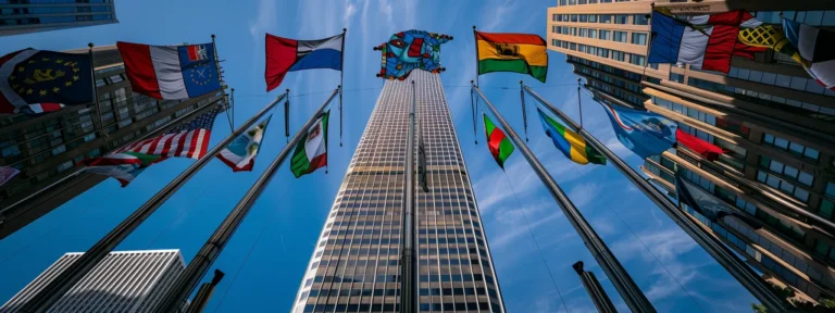 a towering skyscraper surrounded by global flags representing international corporate income tax regulations versus a quaint local storefront embodying simplicity and familiarity for local businesses.