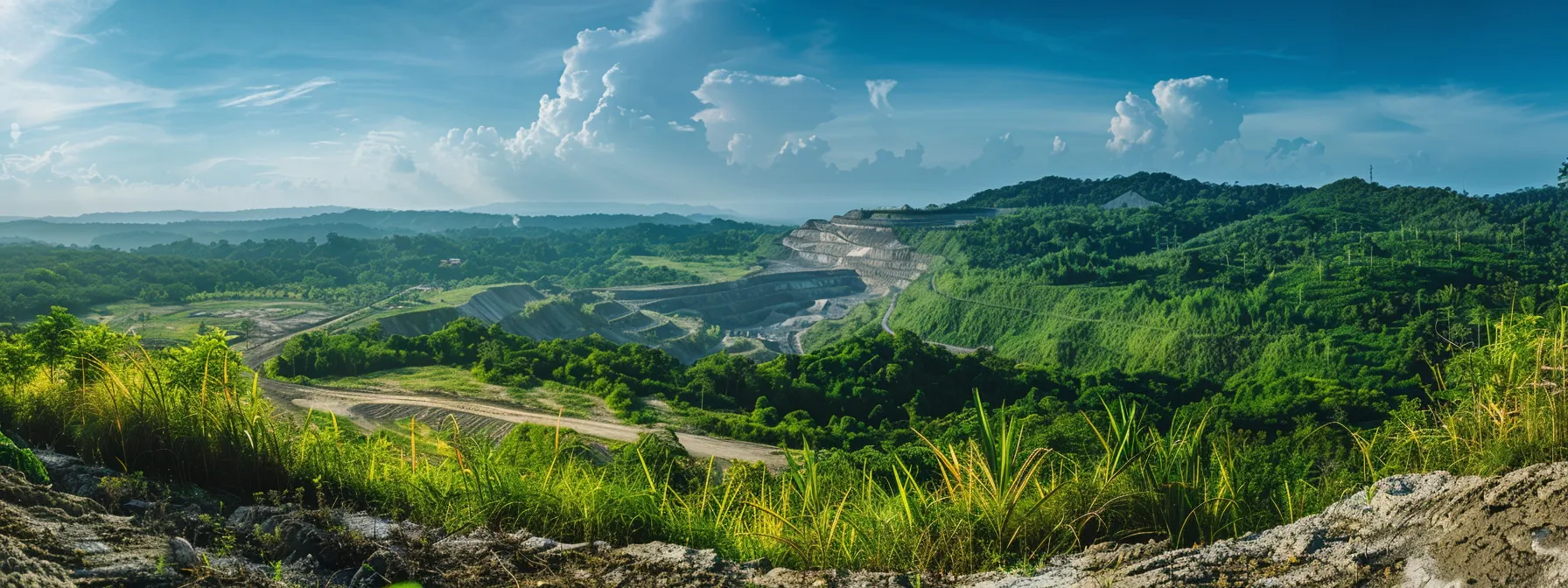 a vast, open pit mine surrounded by lush green forests, showing the contrast between industrial activity and environmental conservation efforts in the mining sector. a vast, open pit mine surrounded by lush green forests, showing the contrast between industrial activity and environmental conservation efforts in the mining sector for Bilateral Investment