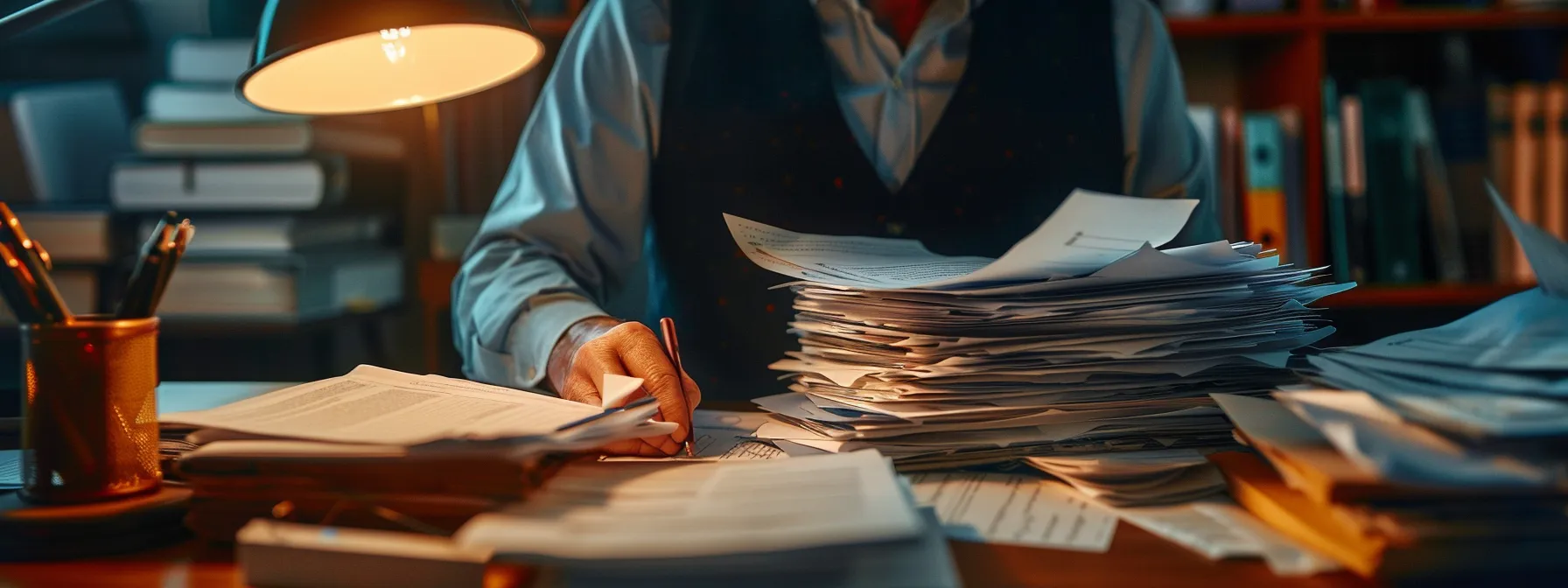 an investor carefully organizing stacks of contracts, correspondence, and financial records, surrounded by legal documents and translation services, preparing for international arbitration "readiness"