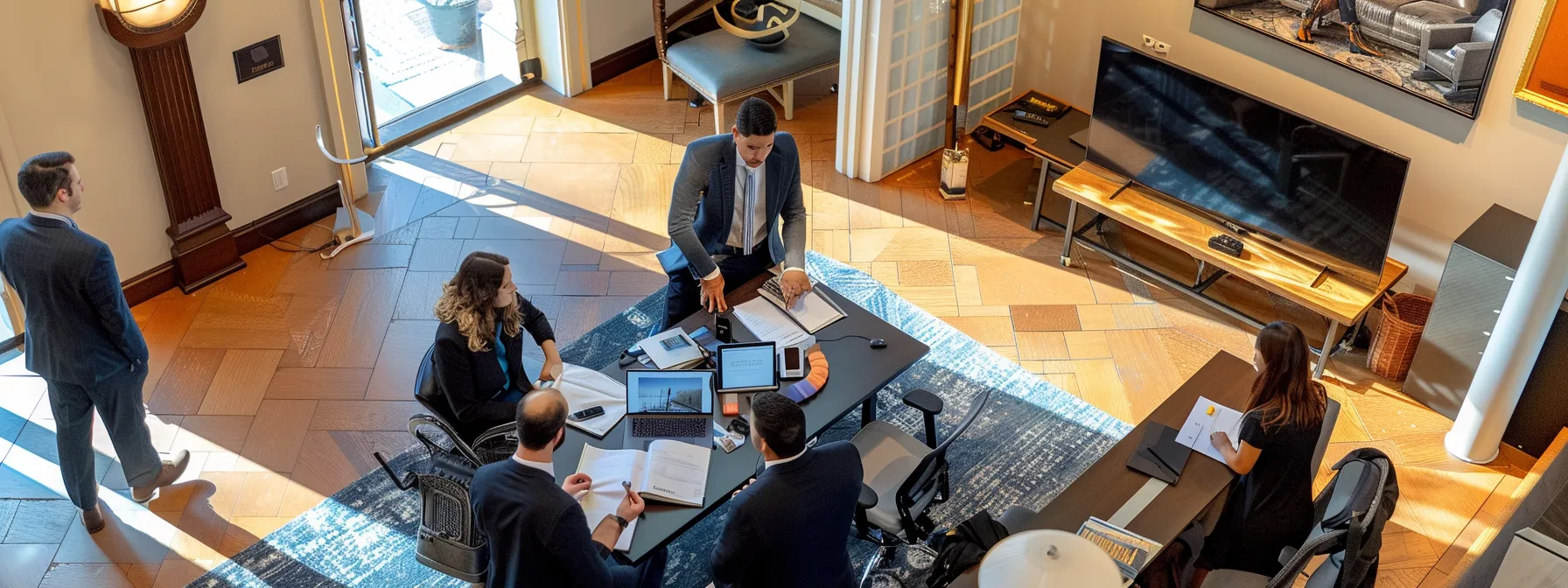 capturing a team of lawyers strategizing and gathering evidence in a sleek, modern office setting.