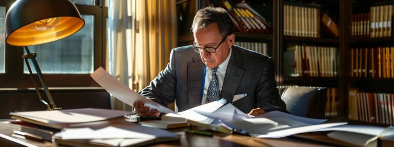 a determined businessman in a modern office, preparing evidence for an arbitration case over a breached government contract.