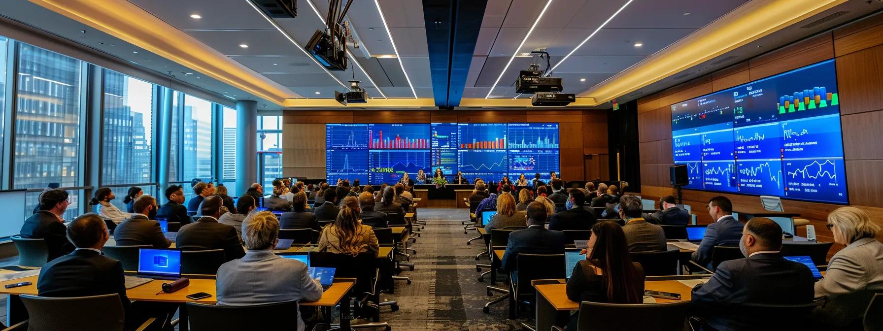 a diverse group of global investors in a modern conference room, surrounded by digital screens displaying real estate data and market trends, engaged in discussion and networking.