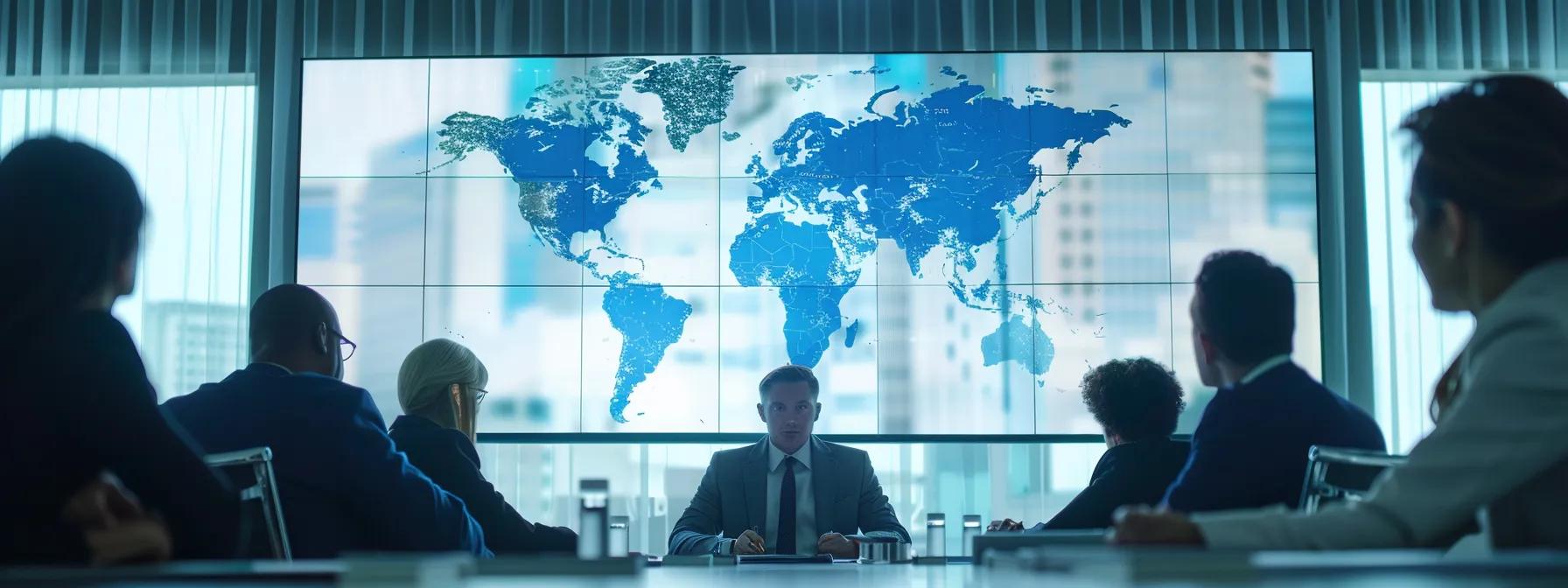 a diverse group of investors studying legal documents in a modern conference room, with a world map displayed on a screen showing international treaties for property protection.
