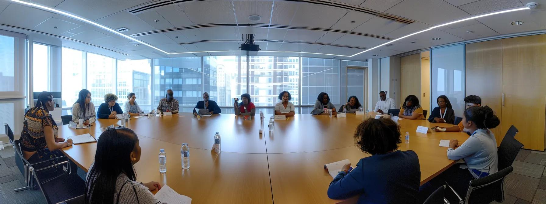 a diverse group of professionals engaged in a focused and constructive mediation session in a modern conference room. a diverse group of professionals engaged in a focused and constructive mediation session in a modern conference room.