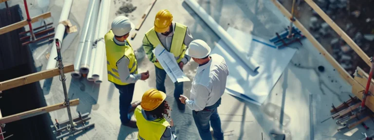a group of engineers and lawyers engaged in a heated discussion amidst a construction site with blueprints and document folders scattered around them.
