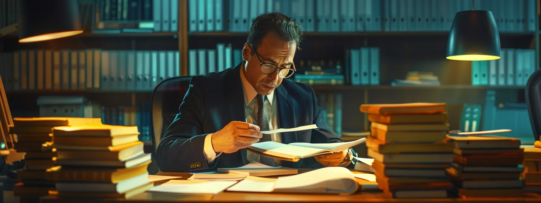 a lawyer confidently reviewing and making notes on a detailed contract, surrounded by stacks of legal documents and a computer displaying complex legal terms.