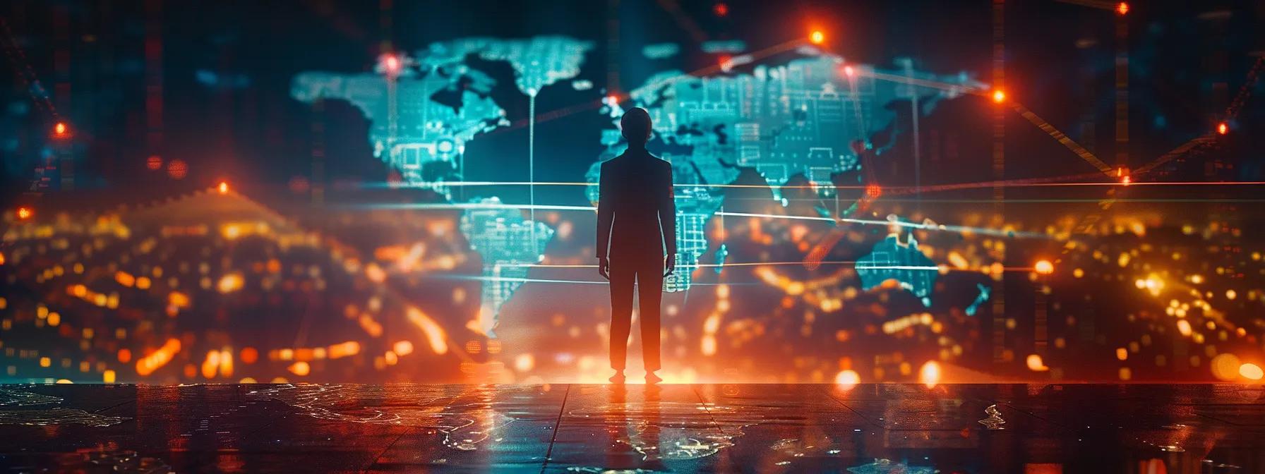 a person standing in front of a world map, with risk factors like political stability, economic indicators, and environmental regulations highlighted and interconnected with glowing lines.