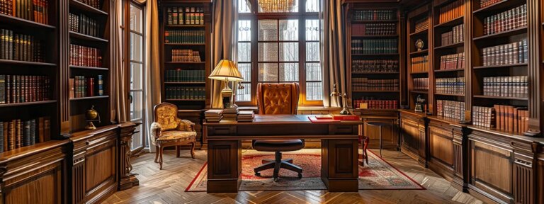 an elegant law office with shelves of leather-bound books and a large antique desk, embodying the sophistication and gravity of private fund advising legal matters.