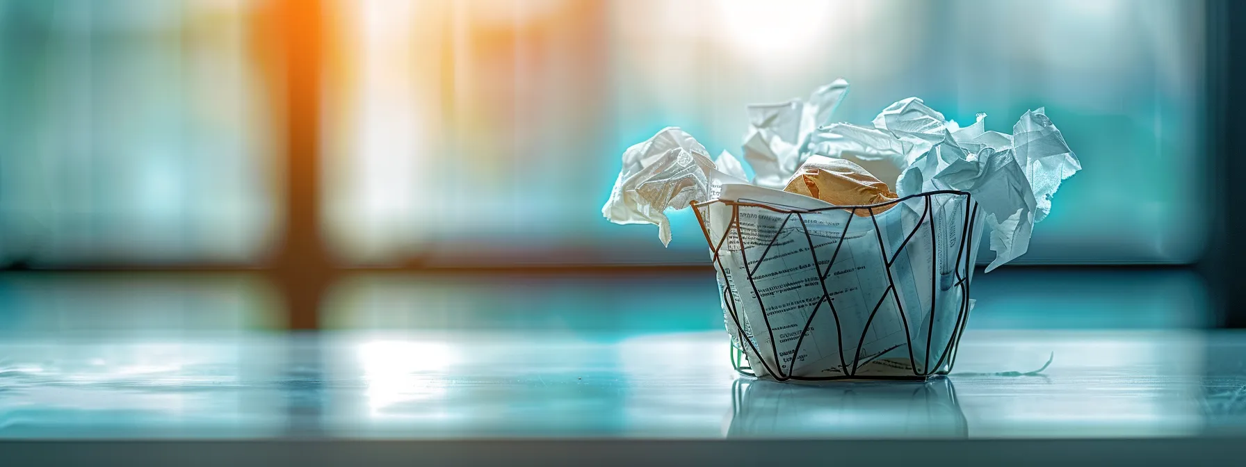a contract with blurry sections, missing clauses, and outdated terms crumpled in a wastebasket, symbolizing common pitfalls in contract drafting.