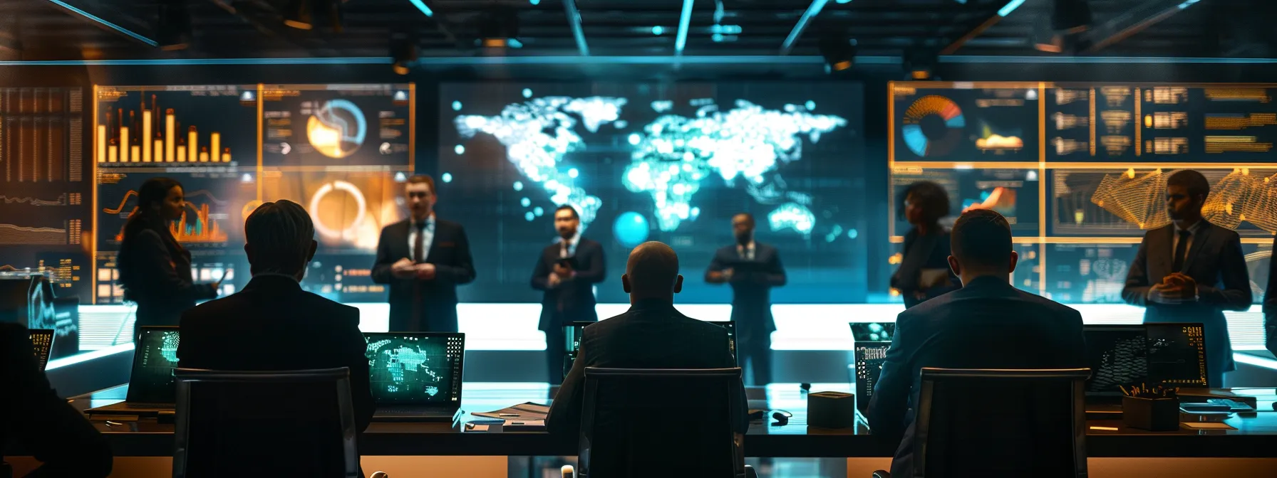 a diverse group of professionals engaged in heated discussions under the glow of computer screens and high-tech gadgets in a modern boardroom. a diverse group of professionals engaged in heated discussions under the glow of computer screens and high-tech gadgets in a modern boardroom.