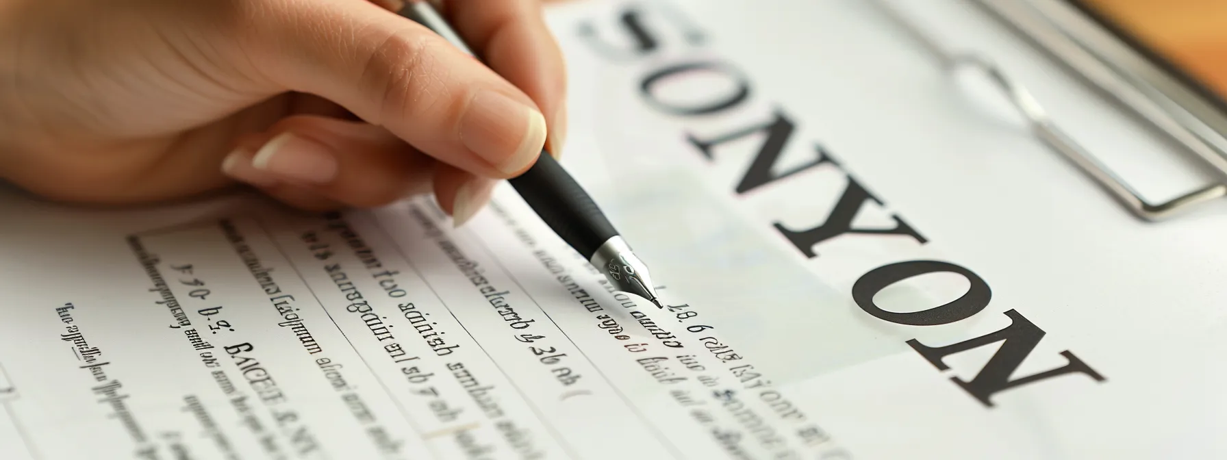 a person carefully reviewing a detailed business contract with a focused expression, surrounded by legal documents and a pen in hand.