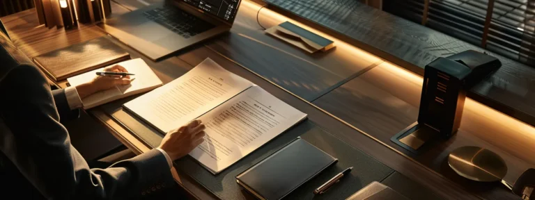 a person carefully reviewing a detailed, professionally crafted business contract on a sleek, modern desk.