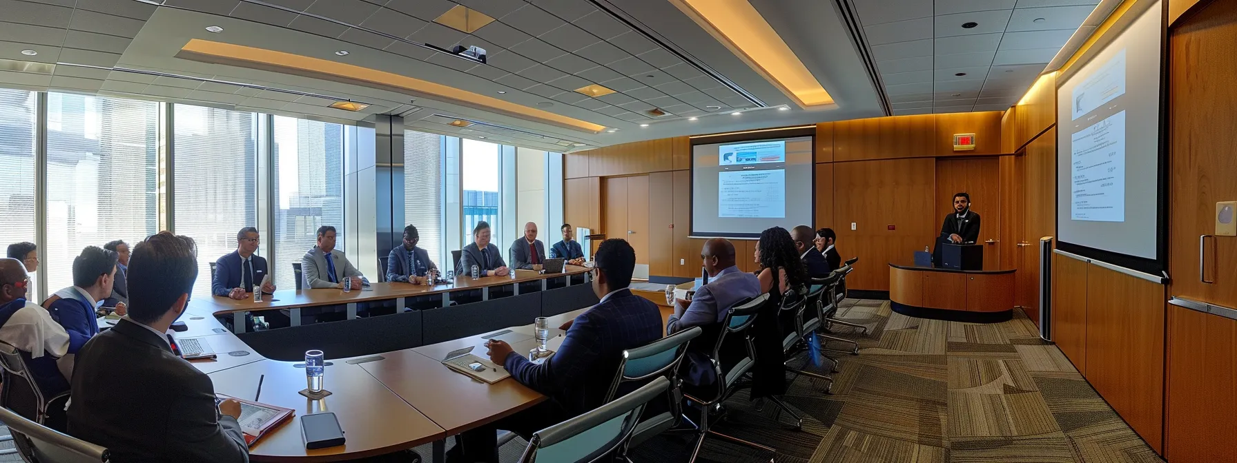 Seasoned oil and gas lawyer presenting in a conference room with a view of a city skyline.