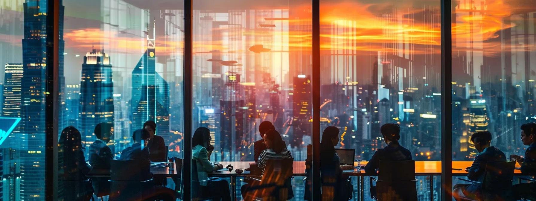vibrant city skyline with a diverse group of experts and legal advisors gathered around a table discussing property investments.