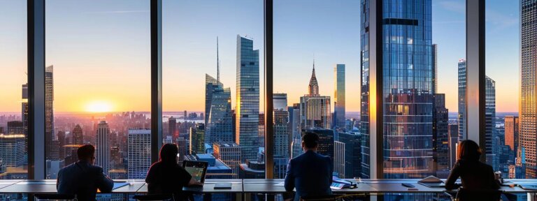 a diverse group of investors studying legal documents at a modern conference table in a high-rise office overlooking an international cityscape.