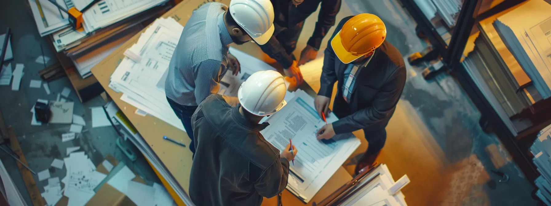 a group of construction professionals studying detailed case study documents, surrounded by stacks of legal papers and highlighting key points with colorful markers. a group of construction professionals studying detailed case study documents, surrounded by stacks of legal papers and highlighting key points with colorful markers.