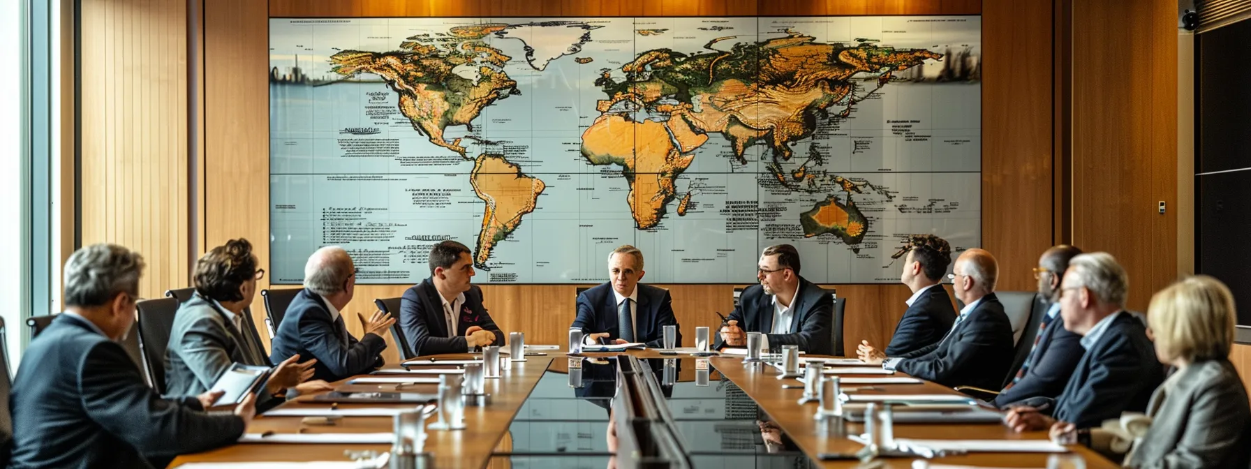 a group of international delegates in a boardroom, discussing construction contracts and arbitration strategies, with a map of the world on the wall in the background. a group of international delegates in a boardroom, discussing construction contracts and arbitration strategies, with a map of the world on the wall in the background.