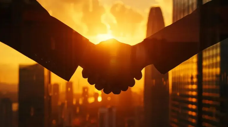 a powerful visual of a silhouetted handshake against a backdrop of towering skyscrapers, symbolizing global investment treaties and international agreements, bathed in warm golden sunset light involving BIT Switzerland and Colombia