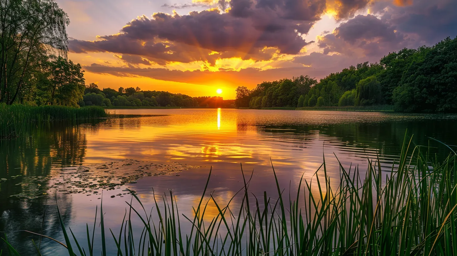 a breathtaking sunset casts a warm golden hue over a tranquil lake, reflecting the vibrant colors of the sky on its glassy surface, surrounded by lush greenery.