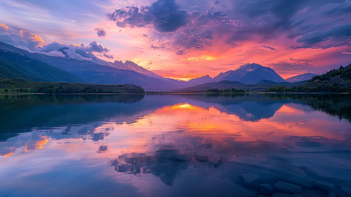 a breathtaking sunset casts vibrant hues of orange and pink across a tranquil lake, reflecting the serene beauty of the surrounding mountains in the still waters.