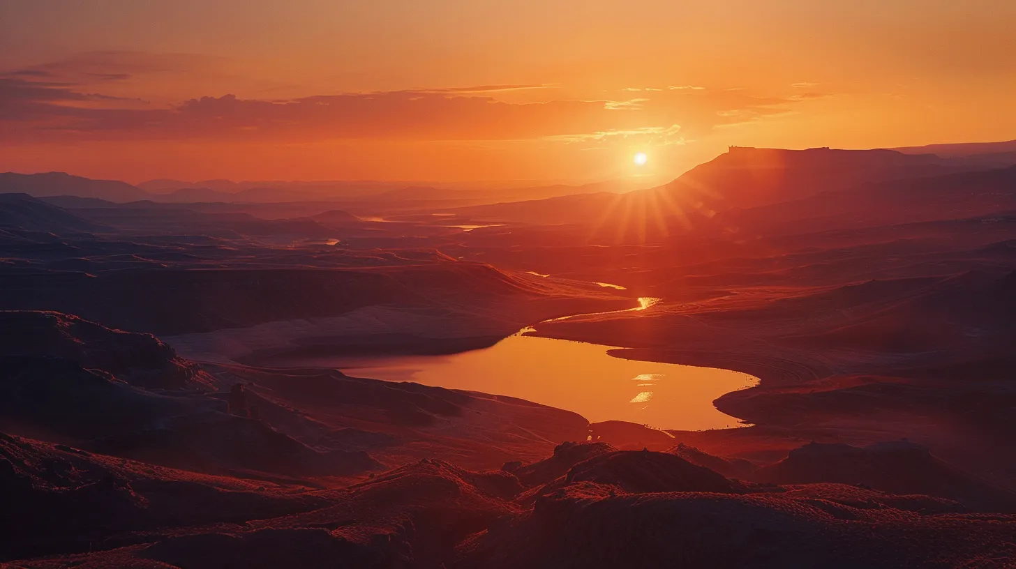 a breathtaking view of a vibrant sunset illuminating a serene mountain landscape, where the sky transitions from deep oranges to soft purples, reflecting on a tranquil lake below.