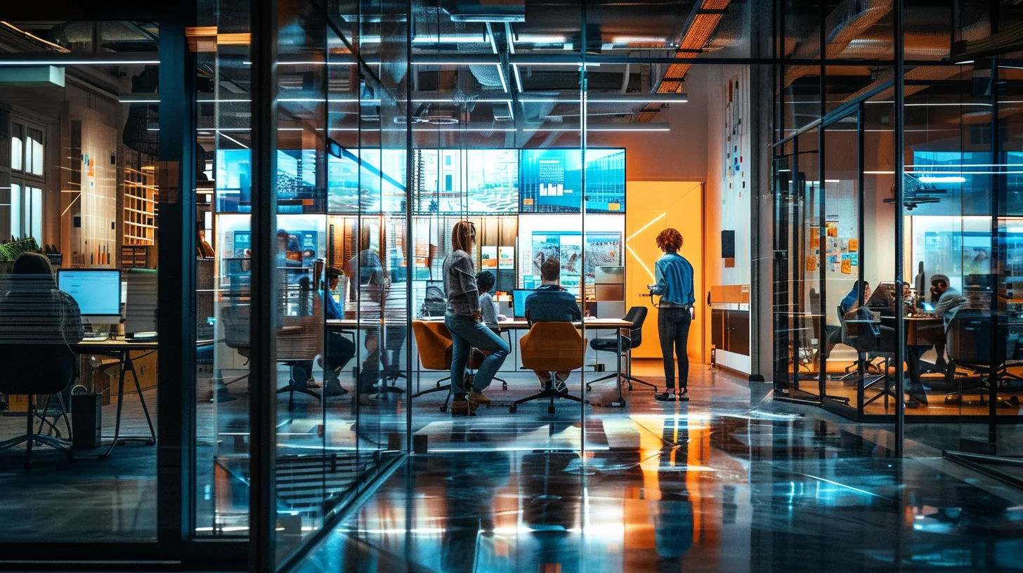 a bustling modern office filled with diverse professionals engaged in a dynamic brainstorming session, surrounded by sleek glass walls and vibrant digital screens showcasing innovative concepts.