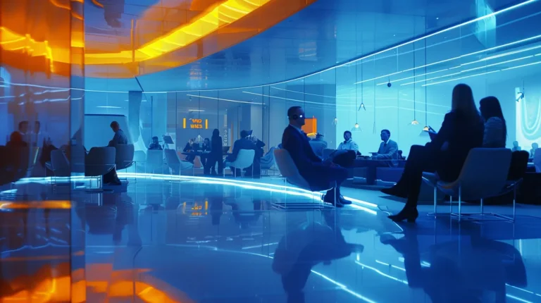 a dynamic urban office space showcases a diverse group of professionals engaged in a vibrant brainstorming session, surrounded by futuristic technology and sleek design elements that emphasize innovation and collaboration.